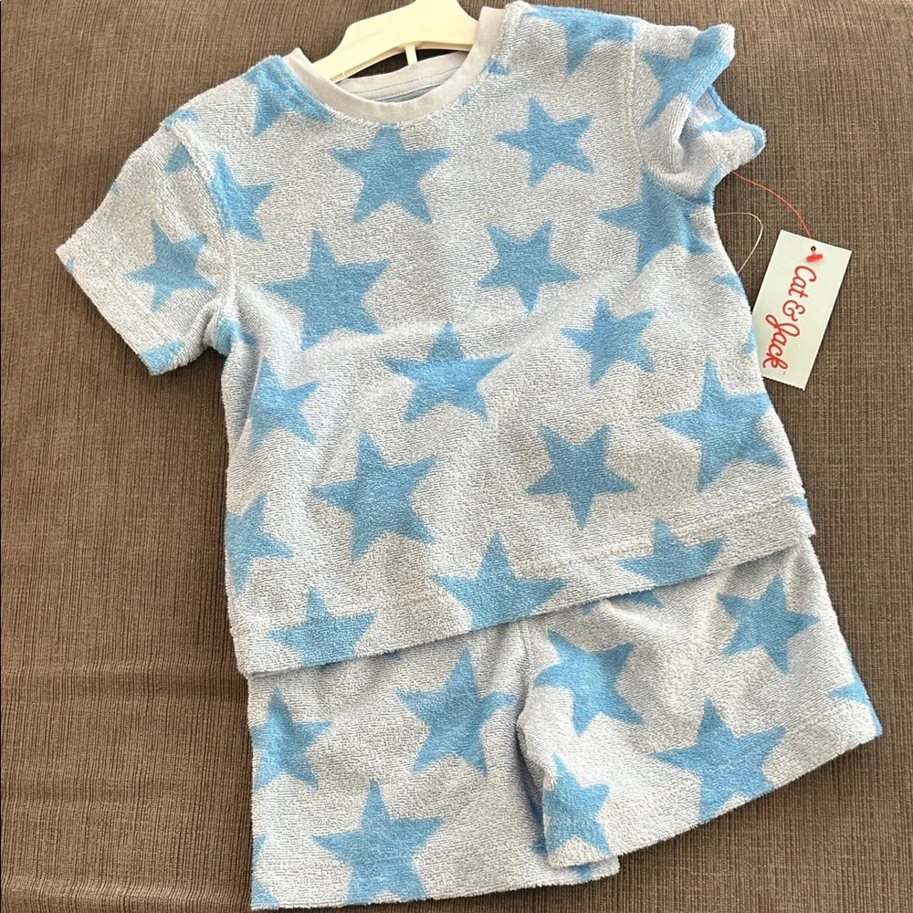 Cat & Jack Toddler Boy Size 18M Blue Star Terry Cloth Short-Sleeve Top & Shorts